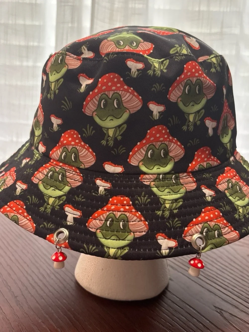 Black Frog & Red Mushroom Charm Bucket Hat